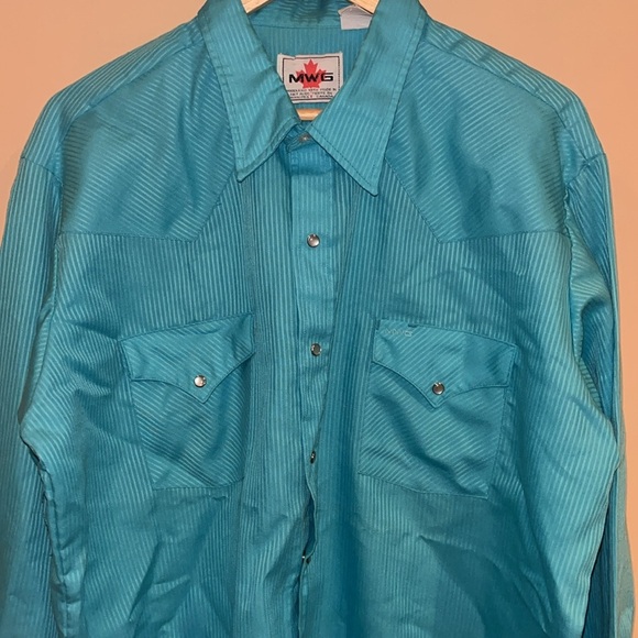 MWG Vintage Mens western wear turquoise blue sheen striped button down SZ XL - Picture 2 of 11